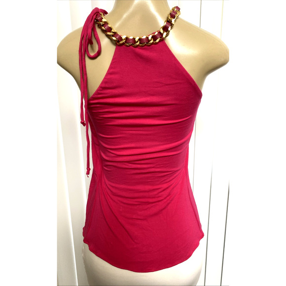 Sky Top Blouse Shirt Sleeveless Gold Chain Embellished Neck Pink Tie Strap XS - Picture 4 of 5